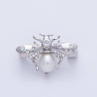 Silver 17mm x 24.5mm Clear CZ Faux Shell Pearl Bumble Bee Insect Pin Brooch | BH-011