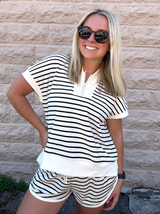 Half Zip Striped Shorts Set