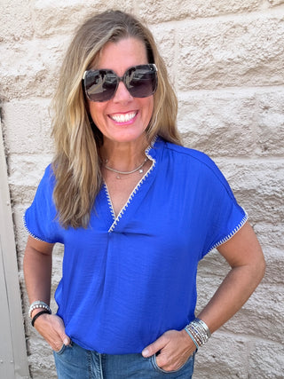 Whipstitch Drop Shoulder Top Blue