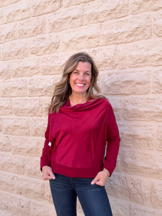 Long Sleeve Drape Neck Woven Sweater Hybrid - Cranberry by Liverpool