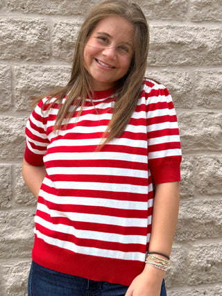 Red Striped Puff Sleeve Knit Top