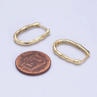 14K Gold Filled Oblong Hammered Geometric Micro Paved Hoop Earrings | AB266