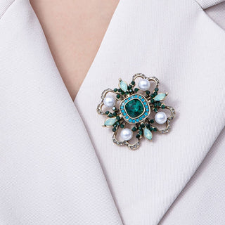 Vintage Antique Gold Black, Green Rhinestone Flower Blue Black Gray Crystal Brooch Pin | BH-00006 BH-00007