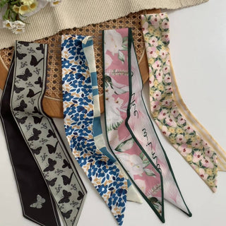 Floral Twilly Scarf ,Skinny Silk Hair Ribbon
