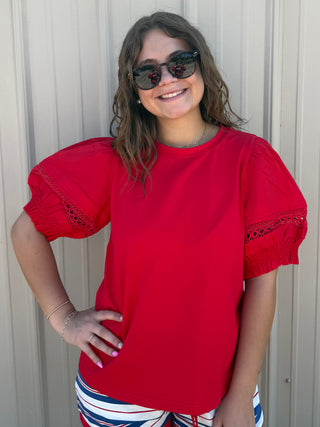 Red Puff Sleeve Knit Top
