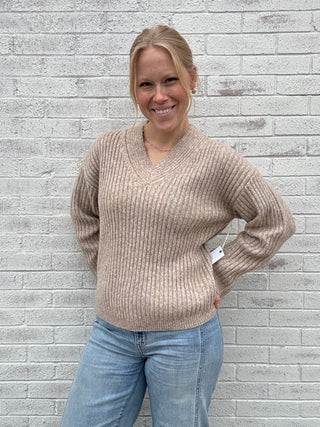 Rib Knit V-neck Sweater in Oatmeal by Dex