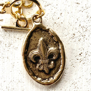 Queen Bee Fleur de lis necklace,  French Louisiana: Burnished gold / 18”