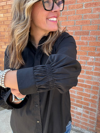 Adjustable Sleeve Button Front Woven Top - Black
