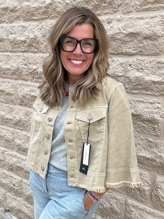 3/4 Sleeve Frayed Flounce Jacket - Light Khaki