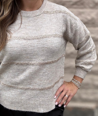 Light Oat Striped Sparkle Sweater