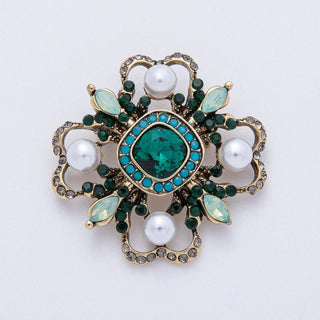 Vintage Antique Gold Black, Green Rhinestone Flower Blue Black Gray Crystal Brooch Pin | BH-00006 BH-00007
