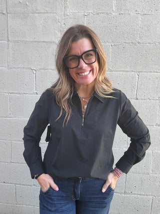 Collared Zip Front Knit Shirt by Liverpool Black