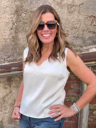 V-neck Woven Tank W/ Lace Trim - Whipped Cream