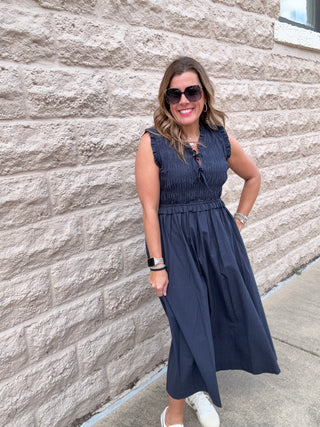 Navy Ruched Midi Dress