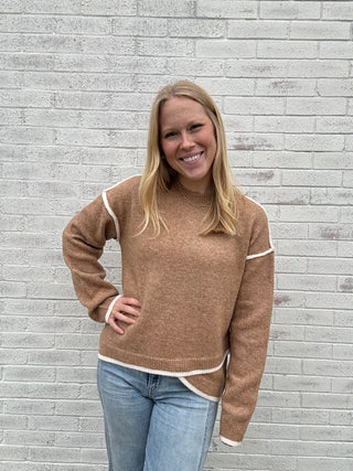 Long Sleeve Crewneck Sweater with Cream Tulip Hem - Heather Camel with Cream by Liverpool