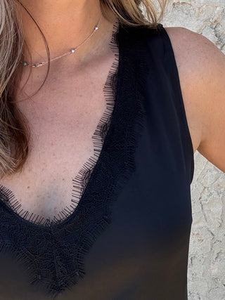 V-neck Woven Tank W/ Lace Trim - Black