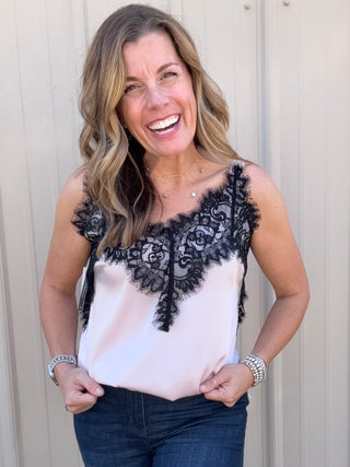 Sleeveless Woven Top W/ Lace Blush Pink
