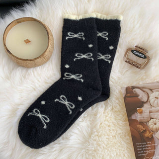 Plush Bow Ribbon Soft Warm Socks