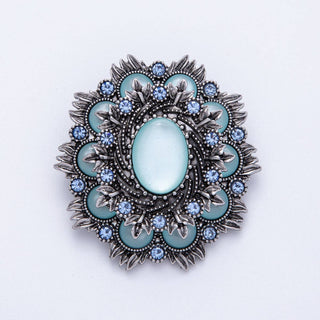 Vintage Antique Silver Flower Brooch Aqua Blue Turquoise Crystal Pin | BH-002