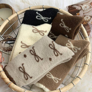 Plush Bow Ribbon Soft Warm Socks