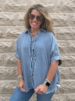 Frayed Trim Denim Button Top