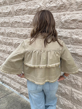 3/4 Sleeve Frayed Flounce Jacket - Light Khaki
