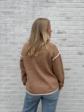 Long Sleeve Crewneck Sweater with Cream Tulip Hem - Heather Camel with Cream by Liverpool