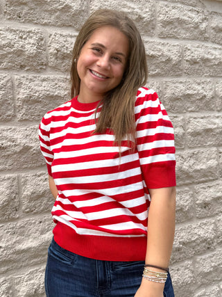 Red Striped Puff Sleeve Knit Top