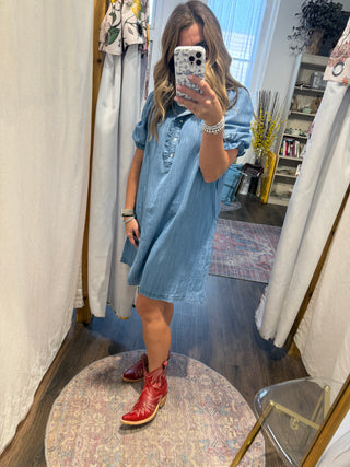 Ruffle Detail Chambray Tencel Dress