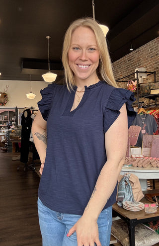 Nina Navy Flutter Sleeve Top