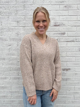 Rib Knit V-neck Sweater in Oatmeal by Dex