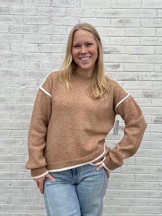 Long Sleeve Crewneck Sweater with Cream Tulip Hem - Heather Camel with Cream by Liverpool