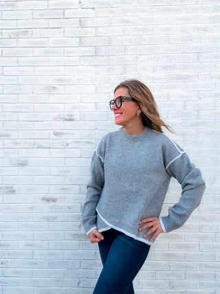 Long Sleeve Crewneck Sweater with Cream Tulip Hem - Light Heather Grey with Cream by Liverpool