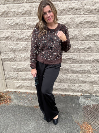 animal print sweater and satin pants