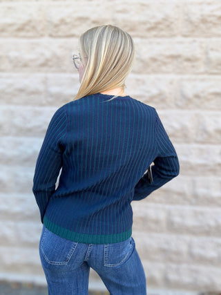 Ribbed Crewneck Sweater Navy & Emerald by Liverpool