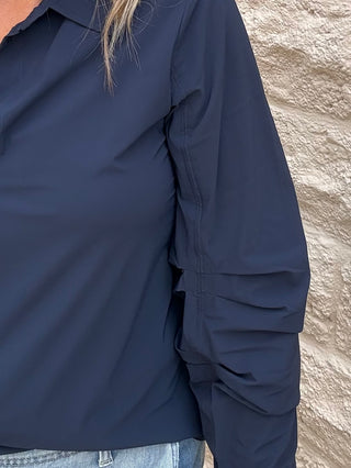 Long Pleated Sleeve Button Front Knit Shirt - Club Navy