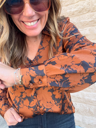 Long Sleeve Button Front Woven Blouse - Black/Copper Floral by Liverpool