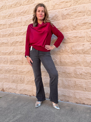 Long Sleeve Drape Neck Woven Sweater Hybrid - Cranberry by Liverpool