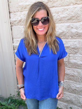 Whipstitch Drop Shoulder Top Blue