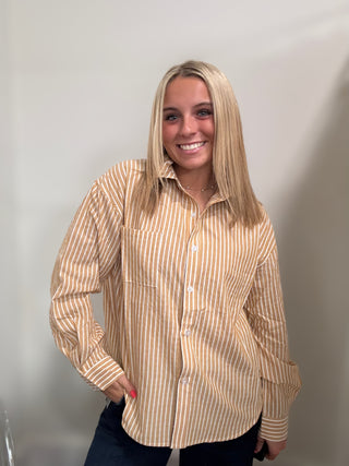 Striped Button-Up Collared Long Sleeve Top Camel