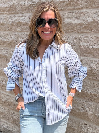 Adjustable Sleeve Button Front Woven Top - White w/ Classic Navy