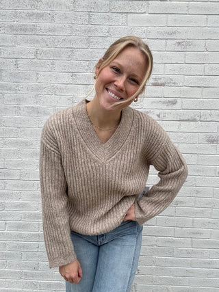 Rib Knit V-neck Sweater in Oatmeal by Dex