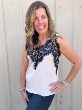 Sleeveless Woven Top W/ Lace Blush Pink