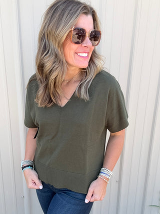 Short Sleeve Vneck Dolman Popover Sweater W Step Hem - Hunter Green