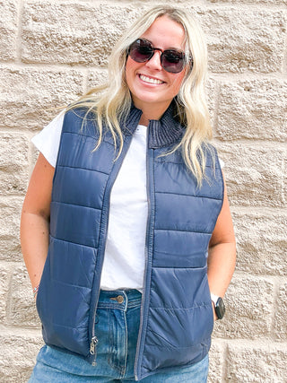 Reversible Zip Front Quilted Sweater Vest - Heather Navy by Liverpool