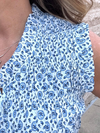 Navy Print Ruched Midi Dress