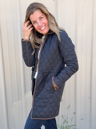 Zip Front Quilted Jacket W/ Cinched Waist - Black by Liverpool