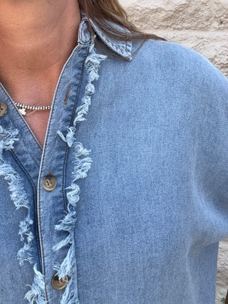 Frayed Trim Denim Button Top