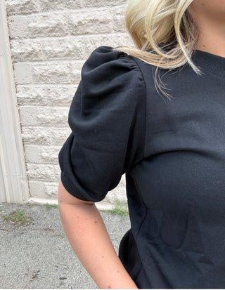 Crew Neck Short Puff Sleeves Knit Top Black