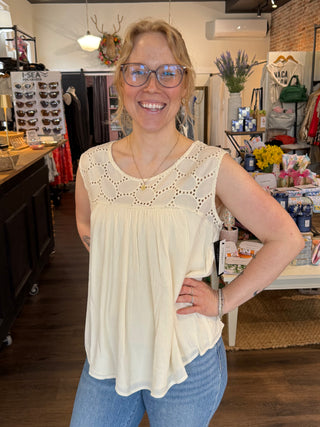Eyelet Dolman Boatneck in Cream